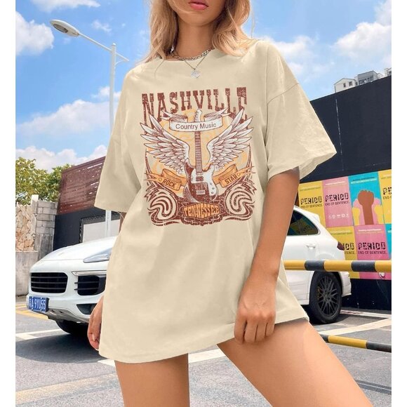 🆕 Women Cream Nashville Country Concert Vintage Graphic Tee Oversized T Shirts - Picture 2 of 5